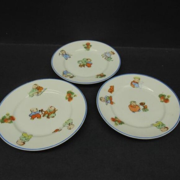 3 - Vintage Germany BABY FATS 5 1/4 Inch Childrens Play Plates, Blue Trim - Picture 3 of 4